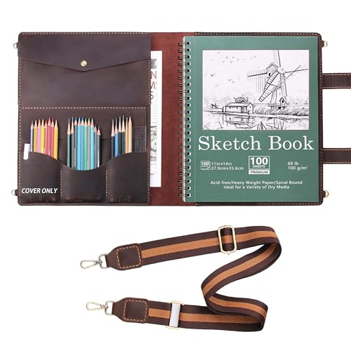 Robrasim Handmade Leather Sketchbook Cover, Artist Sketch Pad Holder for 11"X14" Sketchbook, Drawing Book and Pencil Case, Journal Notebook Portfolio with Shoulder Strap, Artist Gifts, Coffee