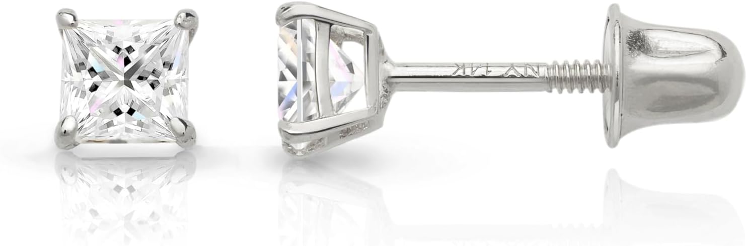 Olivia's Collection 14k White or Yellow Gold 14k White Gold Solitaire Princess-Cut Cubic Zirconia Stud Earrings with Secure Screw-Backs. Piercing to the Lobe, Upper-Lobe, and further for a Woman, Man, and Teen