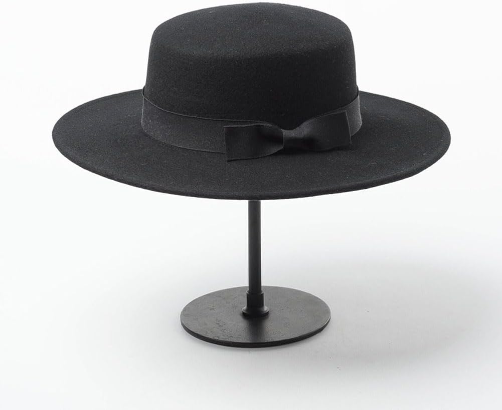 Black Flat Top Fedora Hat Classic Wide Brim Panama Hat with Bow Belt Adjustable Felt Vintage Jazz Hats for Man Women Party Performance Props and Daily Use - Image 9