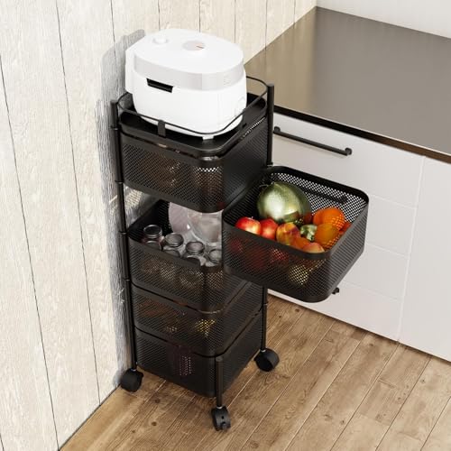Cesta giratoria de 5 niveles para frutas y verduras, estante móvil de alambre de metal con tapa para cocina y sala de estar, ahorra espacio para productos frescos