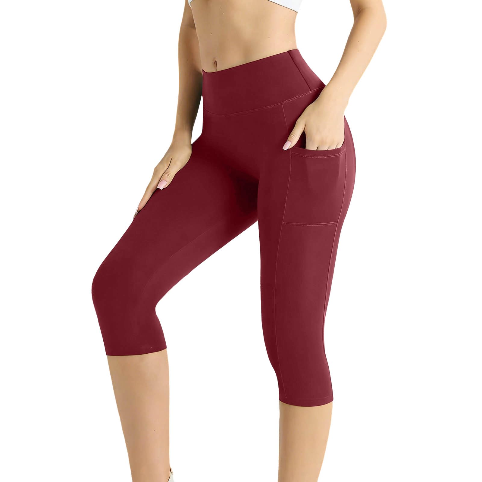 Aopir Women's A01-Wine Buttery Soft Knee Length Yoga Capris For High Waist Tummy Control With Pockets Workout Leggings For Running