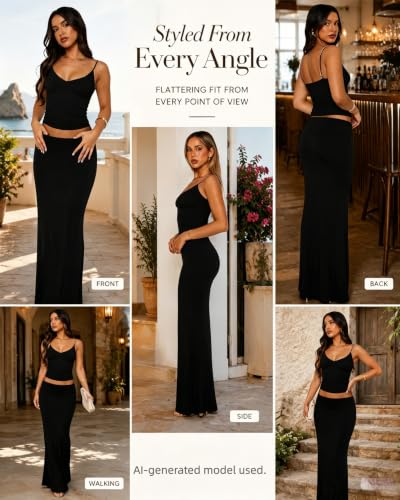 Image of Two Piece Skirt Set Women Maxi Long Skirt and Top Outfit | Soft stretchy 5 pc, slim bodycon, adjustable spaghetti straps, ruched crop tank, elastic waist, going out, beach vacation