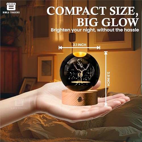 Image of 3D Deer Crystal Ball Night Lamp, LED Glass Ball Table Lamp with Wooden Base for Home Decor, Office, Birthday Gift (Deer)