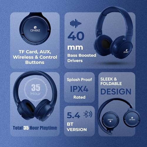 Image of Wireless Bluetooth 5.4 Over-Ear Headphones, Blue, 35 Hour Playtime, 40mm Bass Boosted Drivers, IPX4, Foldable