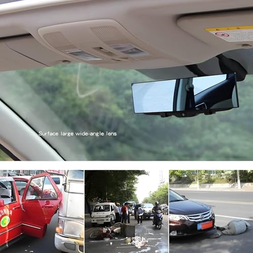 Image of 12 Inch Panoramic Rear View Mirror with Convex Wide Angle Design - Clip on Interior Rearview Mirror Extender with Anti Glare HD Chrome Glass for Car SUV Truck Blind Spot Reduction