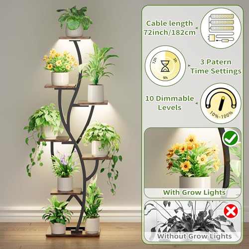 Image of Plant Stand Indoor with Grow Lights - 7 Tiered Tall Lighted Plant Shelf | 58 inch Corner Flower Stand for Indoor Multiple Plants, Metal Plant Holder Display Rack for Living Room, House, Patio, Black