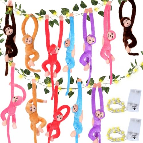 Image of Gemscream 12 Pcs 20 Inch Hanging Monkey Stuffed Animal Stuffed Monkey Plush with 2 Hanging Artificial Ivy Vines 2 Pcs 20 LED Fairy Light Battery Operated String Light for Gifts(Multicolor)
