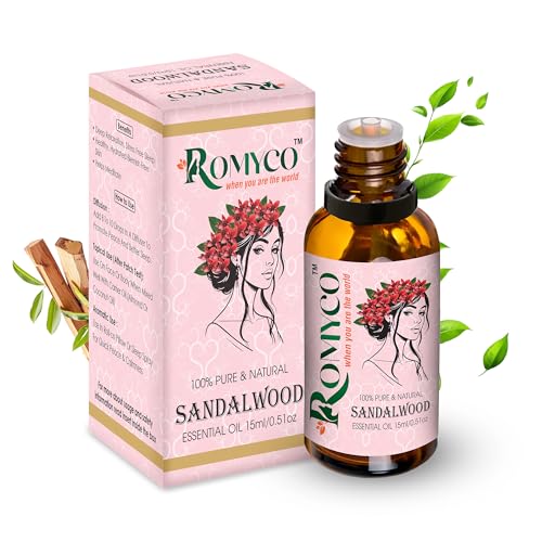 Image of Romyco Sandalwood Essential Oil 15ml (Chandan Oil) for Puja Meditation Relaxation | Skin Care & Massage | Use in Diffuser Aromatherapy | Pure Premium Natural Undiluted