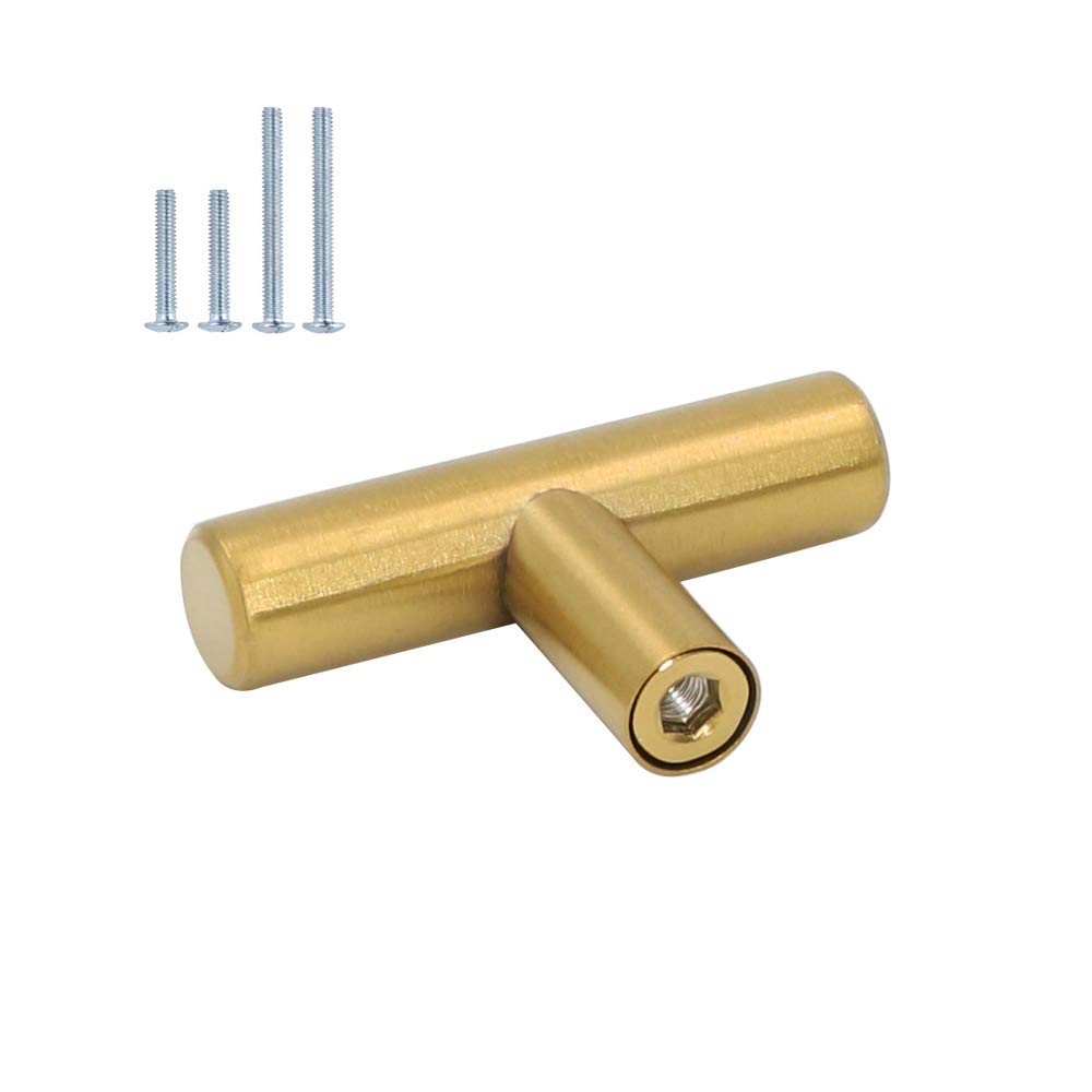 Goldenwarm Gold Enwarm 5Pcs Brass Cupboard Door Knobs - Brushed Brass Single Bar Cabinet Cupboard Drawer Door Handle Pull Knob For Furniture Kitchen Hardware, Overall Length 50Mm
