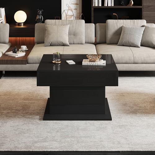 geometrischer Kaffeetish,Obere Tischplatte 360° frei drehbar,anhebbarer Couchtisch mit 1 Schublade,hochglänzende Wohnzimmertisch mit verstecktem Stauraum, Sofatisch,Beistelltisch 70*70*45cm (Schwarz)