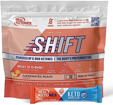 Real Ketones Shift Exogenous Keto D BHB + Caffeine + Electrolytes, Peach Drink Mix Powder, 30 Packets, for Rapid Ketosis