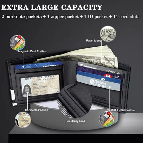 Men's Slim Leather Wallet with Extra Capacity Flip Compartments with Multiple Card Slots and Id Window（small black）3