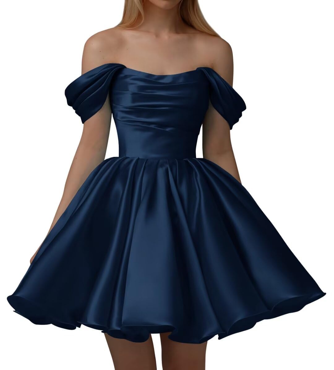 KURFACE Navy Satin Homecoming Dresses for Women Pleated Off Shoulder Mini Formal Party Dress UK6