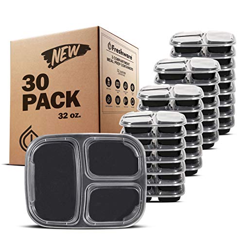 Freshware Meal Prep Containers [30 Pack] 3 Compartment Bento Box, Food Storage Containers with Lids | Stackable | Microwave/Dishwasher/Freezer Safe, Portion Control (32 Ounce)