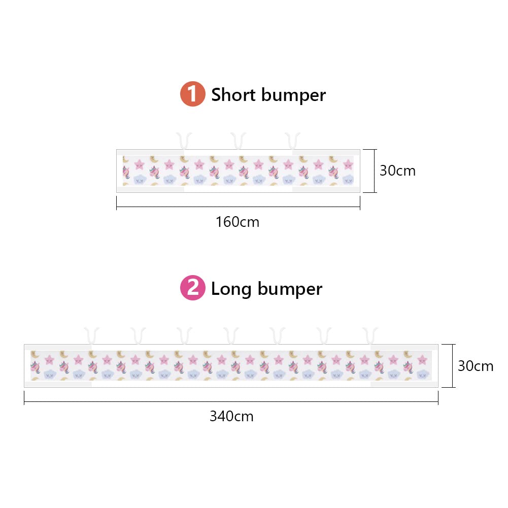 Aolso Paracolpi Lettino, 2 Pezzi Paraurti Cot Morbida e Traspirante, Paracolpi per Lettino con 10 Cinghia Fissa, Lavabile, 340cm x 30cm + 160cm x 30cm (Unicorno-Sfondo Bianco)