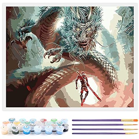 Toudorp DIY Oil Painting Kit Animals, Paint by Numbers for Adults & Kids & Beginner, 16 x 20 Inch Painting by Number kit with Canvas & Acrylic Paints - Dragon and Monkey King (Without Frame) Cover