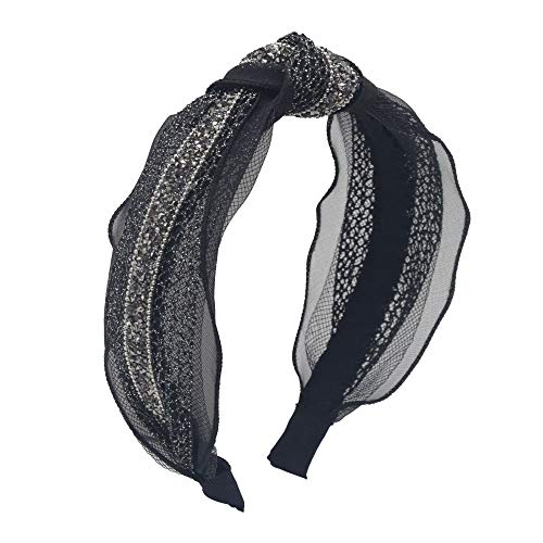 MHDGG 1Pcs Knotted Headbands for Women Black Headband Turban Headbands for Women Wide Headbands for Women Lace Rhinestone with Bow Cross Hair Knotted Hair Band,Black