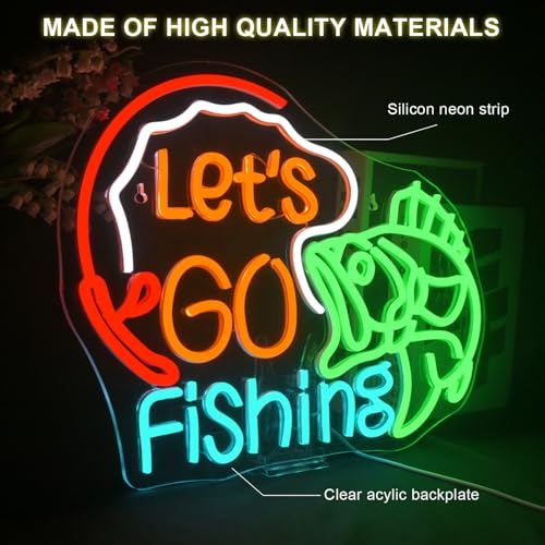Image of Lucunstar Let's Go Fishing Neon Sign Dimmable Fish Neon Light for Wall Decor LED USB Powered Fishing Hook Lights for Bedroom Living Room Man Cave Yacht Decor Men Gifts