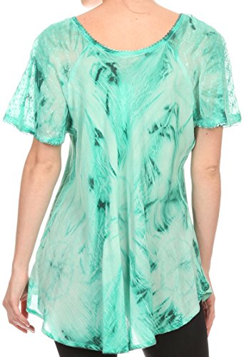 Image of Sakkas Taylay Ombre Tie Dye Batik Long Embroidered Corset Neck Blouse Shirt Top