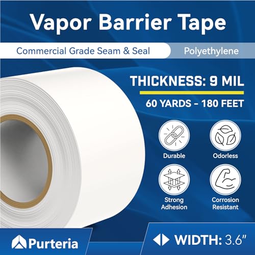 Image of Vapor Barrier Tape with Release Liner, 9 Mil Easy-to-Use Polyethylene Moisture Vapor Barrier Seam Tape for Crawl Space, Repairs, Underlayment, Waterproof, 3.6 inch x 180', 2 Rolls, White