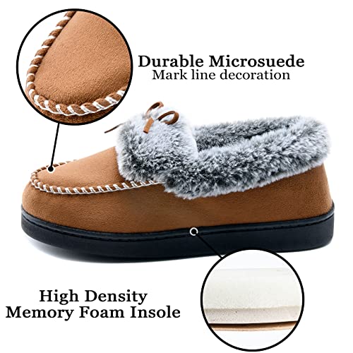DL Women's Fuzzy Warm Moccasin Slippers Memory Foam, Soft Fluffy Winter House Closed Back Fur Lined, Cozy Ladies Suede Indoor Bedroom Houseshoes Non-Slip3