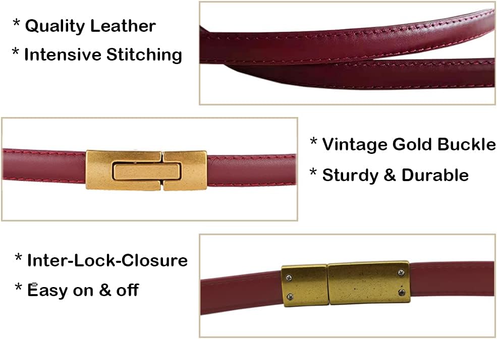 ALAIX Women's Leather Skinny Belt for Dress Adjustable Thin Waist Belt Dress Belt with Vintage Gold Buckle - Image 4