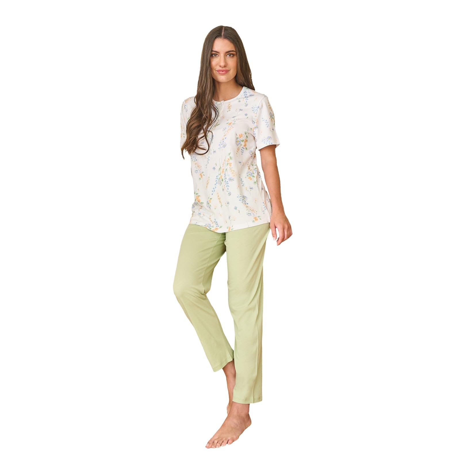 Linclalor Pigiama Donna Estivo in Cotone con Stampa Floreale e Pantalone Lungo Verde