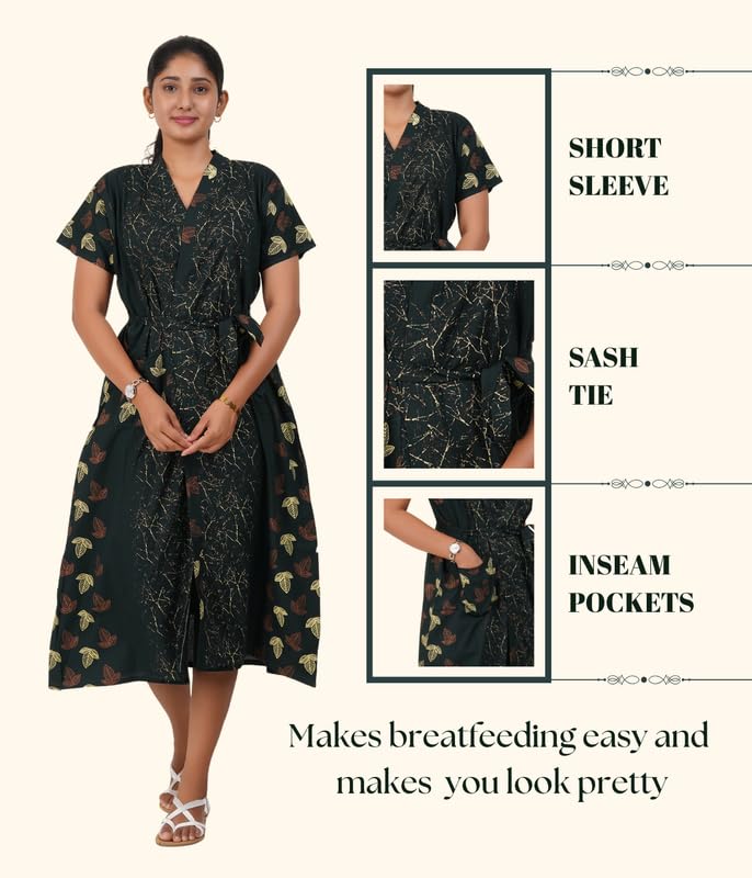 Image of MENMAII Cotton Feeding Robe for Women | Soft Breathable Maternity & Nursing Wear | Front Open Easy Feeding Access | Comfortable Nightwear for New Moms|Calf Length [Size: L,XL,XXL,3XL /FS]