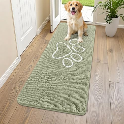 Image of Smiry Dog Door Mat for Muddy Paws, Absorbent Dirt Trapper Non Slip Quick Dry Washable Chenille Mat for Mud Dogs, Entry Rug for Indoor and Outdoor (59x24 Inches, Sage Green and White)
