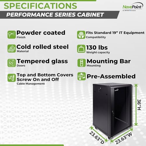 Image of NavePoint 18U Server Cabinet Wall Mount Rack Enclosure with Caster Wheels, 2 Fans, Locking Glass Door, Removable Side Panels - 18U Network Cabinet 23.6 inch Deep, 19 inch Server Rack for IT Equipment