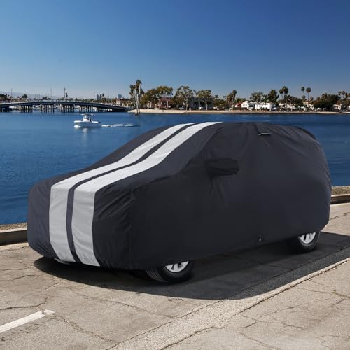 Image of iCarCover Custom SUV Car Cover for Dodge Nitro (2007-2012) Waterproof All Weather Rain Snow UV Sun Protector Full Exterior Indoor Outdoor SUV Cover (Stripe - Black /Gray)