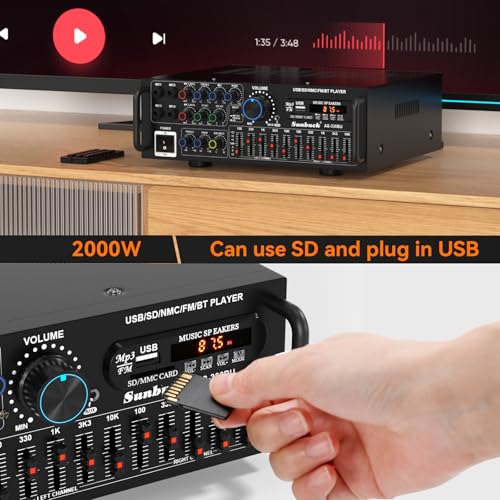 Areyourshop Hifi Verstärker Stereo pa endstufe mit Bluetooth 5.0 2000W Audio Receiver Karaoke FM USB SD AUX, Vorverstärker Hifi 5-Band-EQ-Mixer, 4 Mikr, Verstärker mit Boxen, Tuner Hifi Stereo