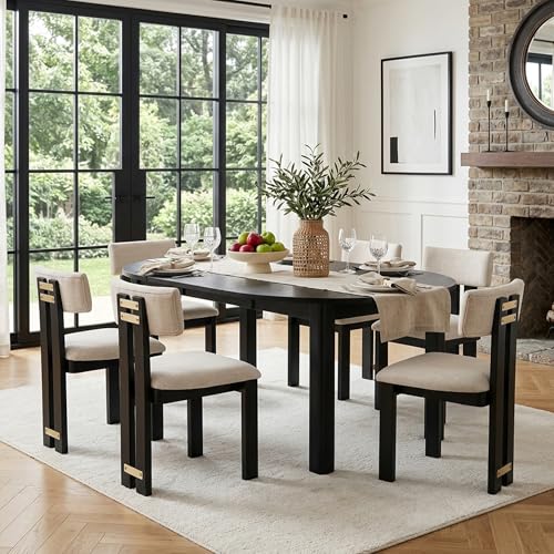 Image of HNY Modern Farmhouse Linen Dining Chairs Set of 6, Beige Fabric Upholstered Dining Room Kitchen Chair with Black Wood Frame & Curved-Back, Armless Accent Wooden Chairs for Dining Living Room