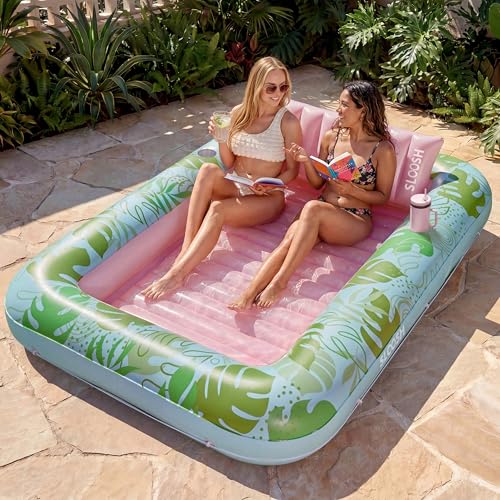 SLOOSH Inflatable Tanning Pool Lounger Float, 85" x 57" Extra Large Pool Floats Adult with Pillow, 4 in 1 Suntan Tub Raft Floatie,Sunbathing Bed Lounge for Water Blow Up Ball Pit, XL-Cyan Pink