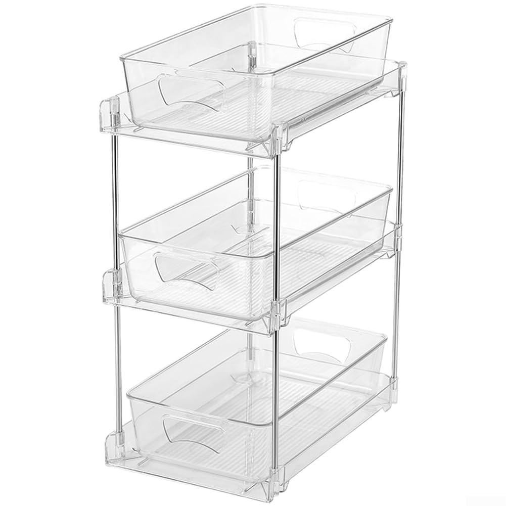 Organizer estraibile sotto il lavandino, 3 ripiani, in plastica, per cucina e bagno, scaffale scorrevole salvaspazio, trasparente (C)