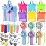 Threan 24 Pcs Teacher Appreciation Gift Bulk Beach Pool Favors Set Include Mesh Tote Bags Pastel Mini Handheld Portable Fans Straw Tumbler Heart Sunglasses Summer Appreciation Gifts