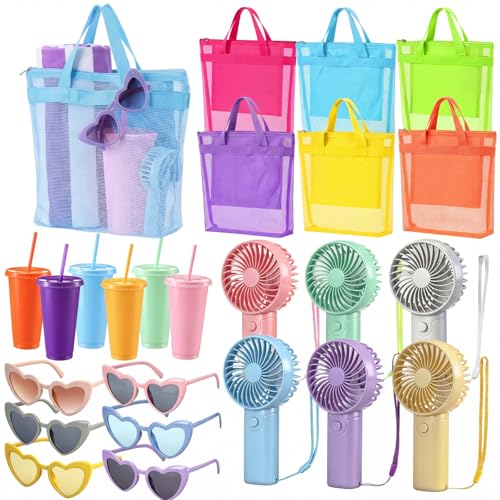 Threan 24 Pcs Teacher Appreciation Gift Bulk Beach Pool Favors Set Include Mesh Tote Bags Pastel Mini Handheld Portable Fans Straw Tumbler Heart Sunglasses Summer Appreciation Gifts