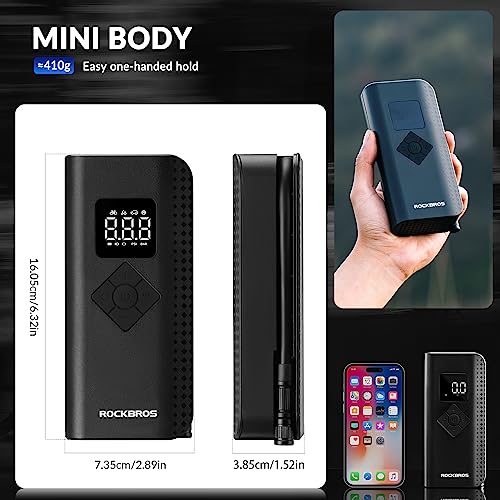 ROCKBROS Air Pump Electric Bicycle Pump Mini Compressor 7-150PSI 2000mAh 5 Modes Portable Compatible Tire Pump with Digital Display LED Light Presta & Schrader for Motorcycles Bikes - Image 2