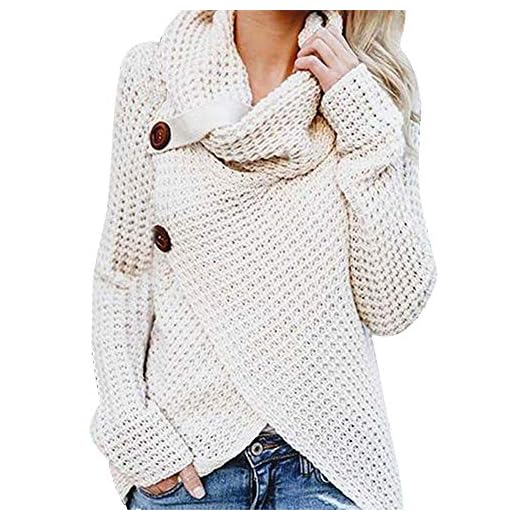 Jerseys De Punto para Mujer Cuello de Tortuga Manga Larga Suelto Prendas de Punto Suéter Irregular Jerséis Collar de la Pila Tops Cálido Otoño Invierno riou (White, XL)