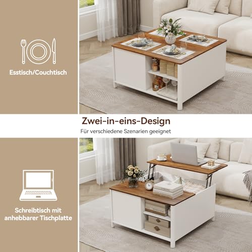 YU YUSING Couchtisch Höhenverstellbar Wohnzimmertisch mit Stauraum, Beistelltisch Kaffeetisch Quadratischer mit Verstecktem, Modern Sofatisch umwandelbar in Esstisch für Wohnzimmer/Büro, 80x80cm – Bild 5