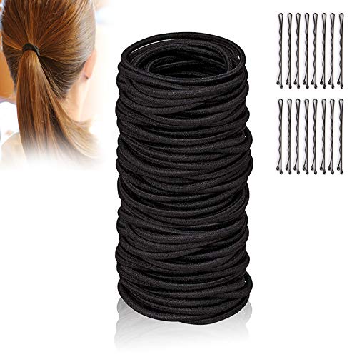 SYGY 120Pcs Black Elastic Hair Ties with 16 Hair Bobby Pins, No Crease Rubber Bands, No Heavy Metal Hair Accessories Ponytail Holders for Women Girls Baby Toddlers Men with Thick Straight Curly Hair