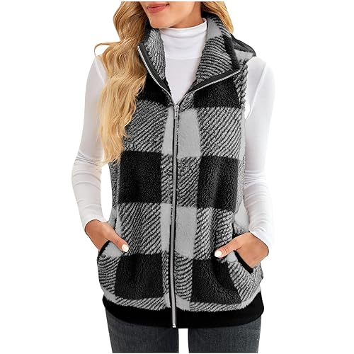Womens Fashion Plaid Fleece Vest Jacket