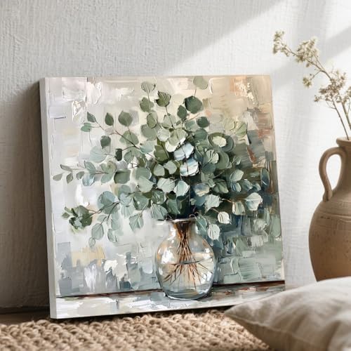 Hianan Framed Eucalyptus Leaf Wall Art, Green Botanical Wall Decor, Vintage Floral Canvas Painting, Soft Neutral Rustic Farmhouse Bathroom Art Print for Bedroom Living Room 12"x12" - image 3