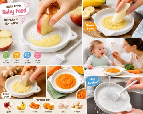 Image of Ceramic Garlic Grater Plate with Cleaning Brush, Manual Fruit Vegetable Garlic Ginger Grinding Dish for Puree Preparation,