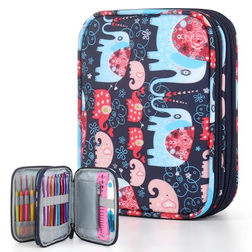 Image of Katech Portable Travel Crochet Storage Bag Organizer with Zipper, Web Pocket and Crochet Holder Slots for Knitting Accessories (Elephant Pattern)