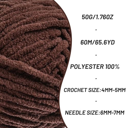 Image of 2 Packs Plush Chenille Chunky Crochet Yarn - Baby Yarn for Crocheting Soft - Velvet Yarns Knitting for Blankets Crafts - Fluffy Amigurumi Yarns 100g /131yds (2 Dark Coffee)