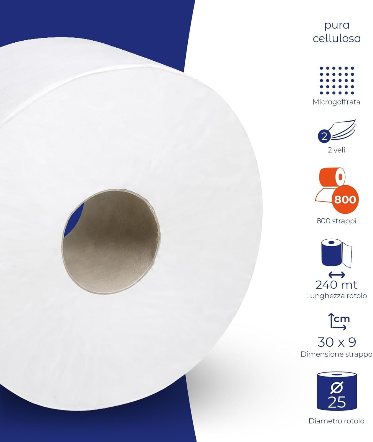 Carta Igienica Jumbo Maxi per Dispenser, 800 Strappi 2 Veli, 6 Rotoli in Pura Cellulosa, Rotoli Grandi Professionali per Bagno, Uffici e Studi Medici (Multipack 5 Confezioni da 6 Rotoli cad.)