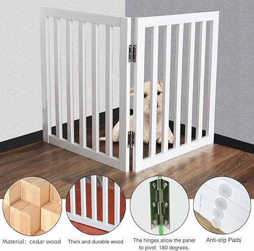 Image of Belief Foldable Wooden Pet Gate for Dogs & Cats - Indoor Safety Barrier for Doorways, Hallways & Stairs | Free-Standing, Portable White Dog Fence - 3 Panel, 60 cm Height (【2 Panels 】 39''W x 30''H)