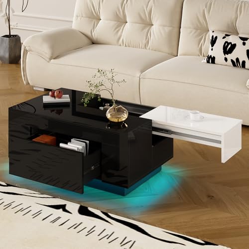 BTM Table Basse laquée Brillante avec éclairage LED, Plateau Extensible Noir et Blanc, Espace de Rangement dissimulé et Bande Lumineuse réglable à 16 Couleurs –...