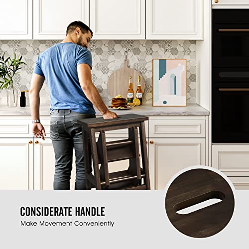 Giantex Folding 3 Tier Step Ladder, Multifunction 3-In-1 Wood Step Stool With Anti-Slip, Convenient Handle, Display Ladder And Storage Shelf For Library, Home Kitchen, Household Work, Garage (Brown) #TOP2